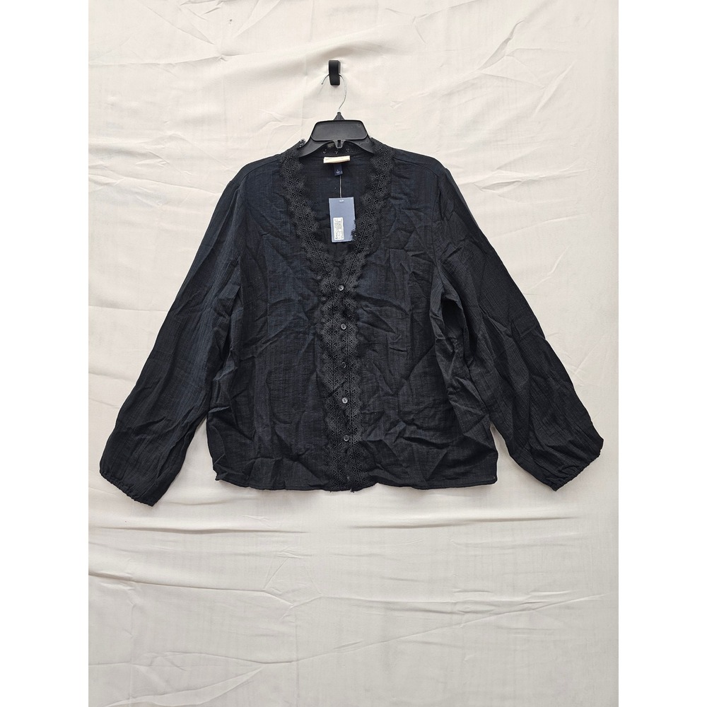 Universal Thread Womens‎ Black Lace Trim Cotton Blouse UTWT-105 Ebony Large NWT